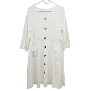 White Button-Down Midi Dress V-Neckline Three-Quarter Sleeves 2XL Womens